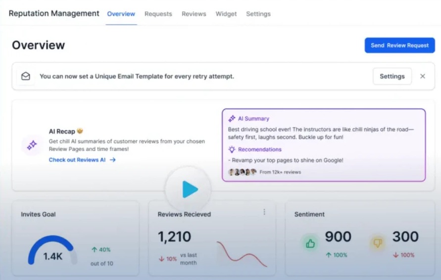 Reputation management screen showing AI review summary and review feedback